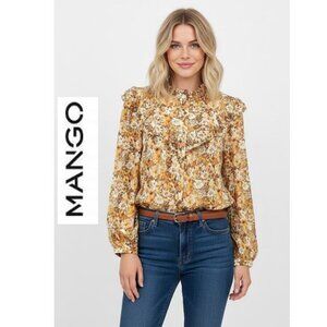 MANGO, Orange, white, olive green floral long sleeve blouse